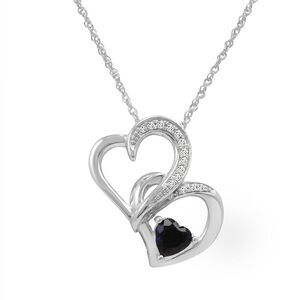 Created Sapphre and Diamond Heart Pendant-Necklace in .925 Sterling Silver